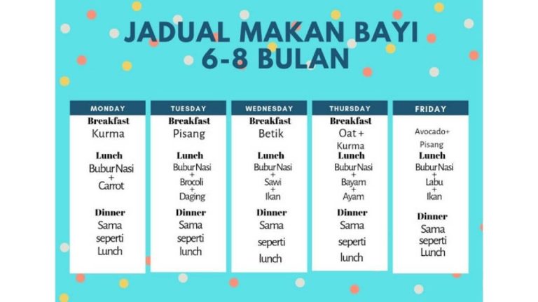 Jadual Pemakanan Bayi 6 Bulan - Jenis, Jumlah Makanan Yang Sesuai