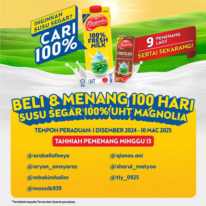 Pemenang Peraduan Cari 100%, 100% Susu Segar Magnolia UHT 